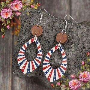 Wood rain drop American flag 4th of July earrings